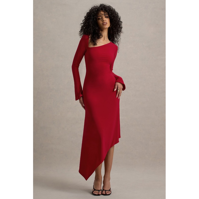 Serenita | Red Asymmetric Long-Sleeve Midi Dress