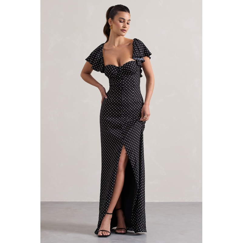 Signorina | Black Polka Dot Buttoned Maxi Dress With Flounced Short Sleeves