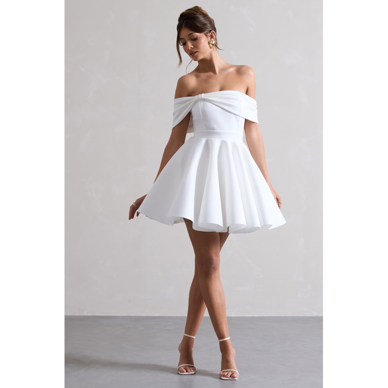 Snowfall | White Bardot Bow Skater Mini Dress