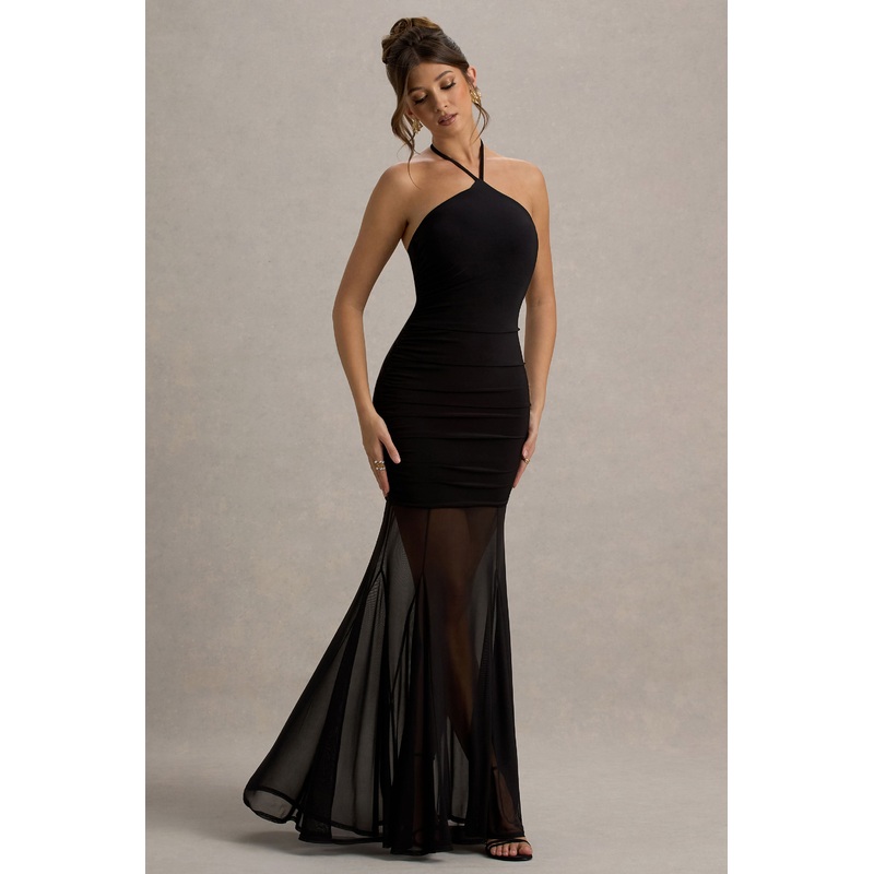 Sonya | Black Halter-Neck Maxi Dress With Mesh Skirt