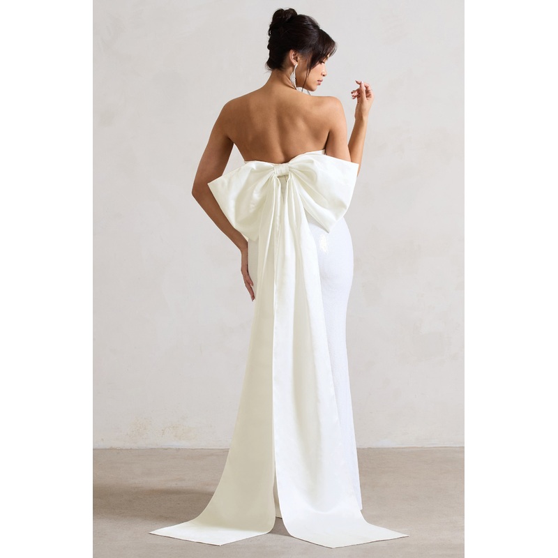 To You | White Sequin Bandeau Split Maxi Dress With Oversized Bow