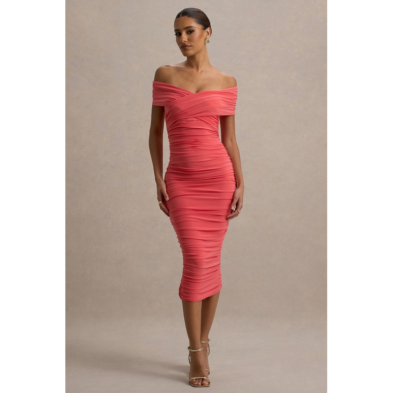 Unwrapped | Coral Ruched Twist Bardot Midi Dress