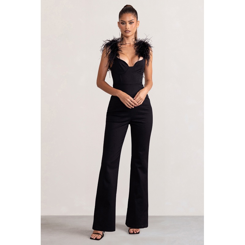 Verity | Black Feather Shoulder Corset Style Jumpsuit