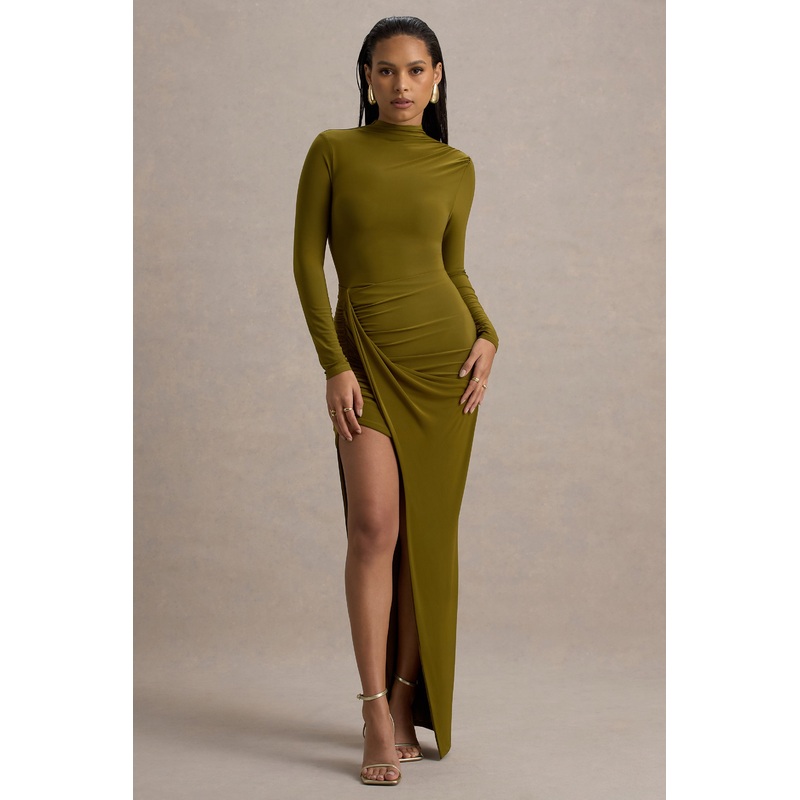 Victoria | Green Long-Sleeve Maxi Dress With Wrap Skirt