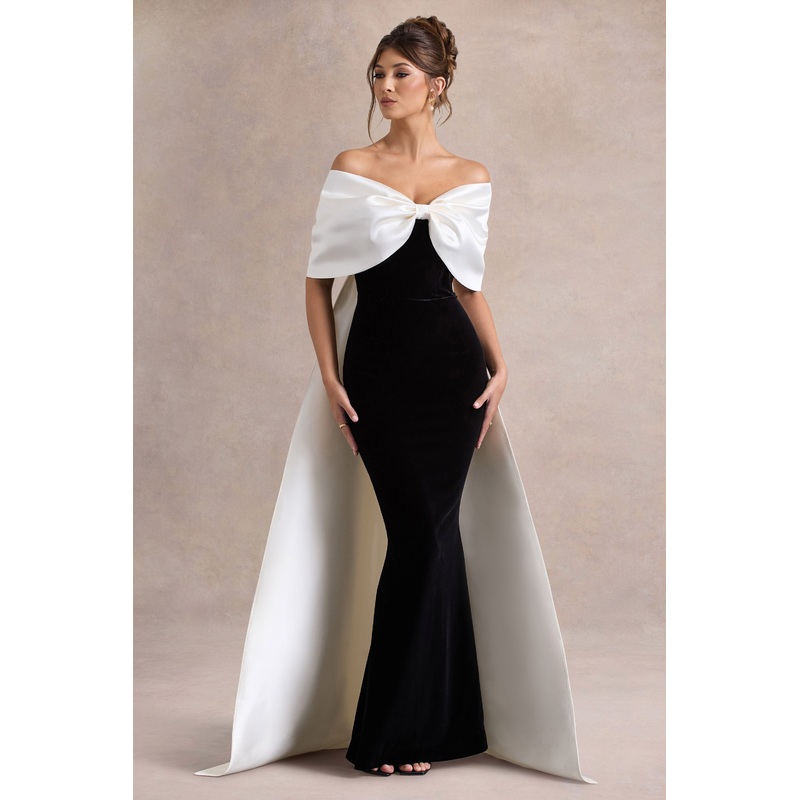 Wanting More | Black & White Satin Cape Maxi Dress With Oversized Bow