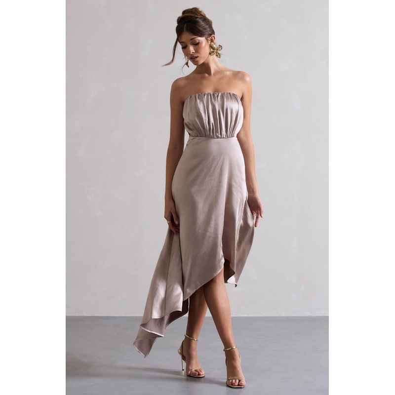 Willa | Taupe Satin Bandeau Maxi Dress With Asymmetric Hem