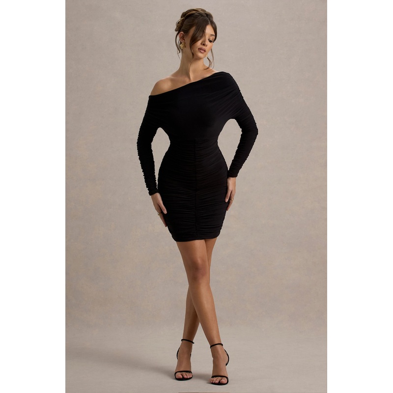 Zhara | Black Ruched One-Shoulder Bodycon Mini Dress