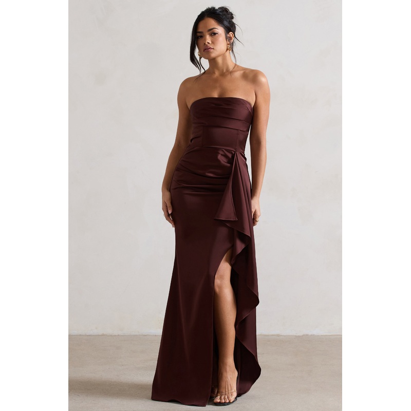 Ace | Chocolate Brown Satin Bandeau Split Maxi Dress With Ruffle Drape