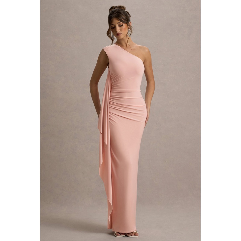 Adelina | Pink One-Shoulder Maxi Dress With Drape