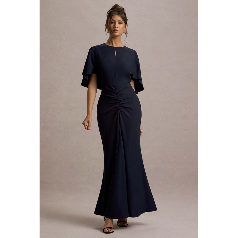 Allison | Navy High-Neck Maxi Dress With Cape