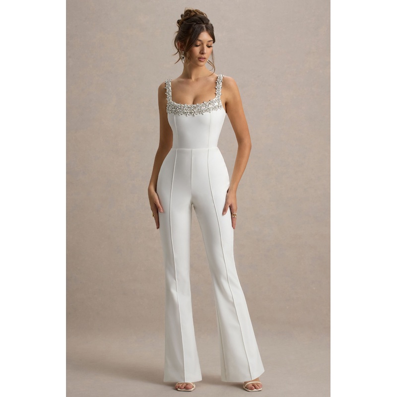Amadi | White Embellished Strappy Flared-Leg Jumpsuit