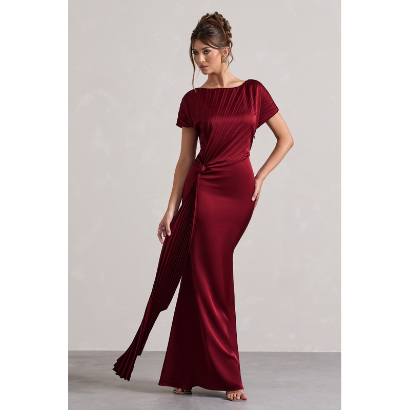Ambrosia | Berry Satin Pleated Maxi Dress With Drape