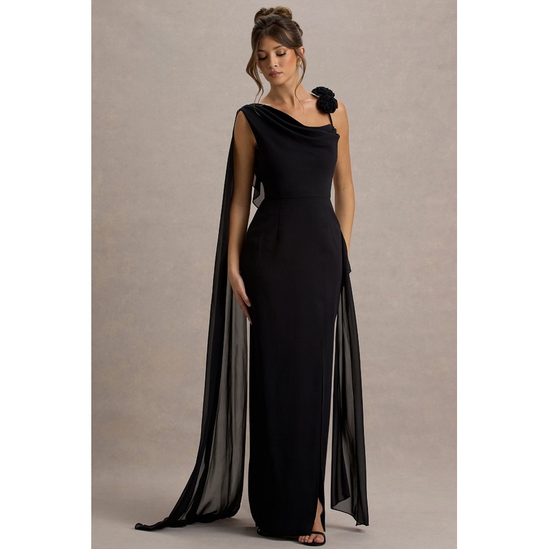 Angeline | Black Chiffon Draped Split Maxi Dress With Corsages