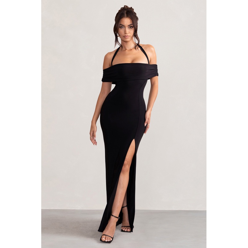 Anisa | Black Halter Neck Bardot Maxi Dress With Thigh Split