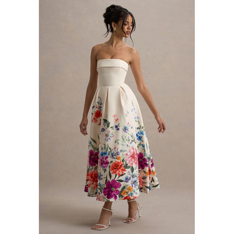 Annalise | Light Pink Floral Print Bandeau Skater Midi Dress