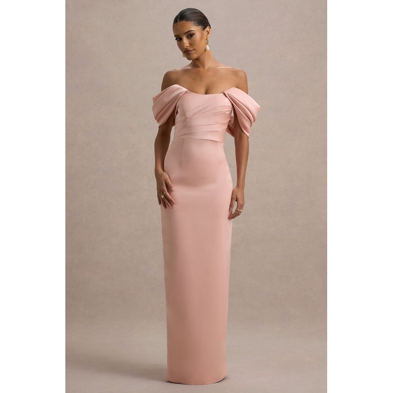 Annita | Light Pink Satin Bardot Maxi Dress