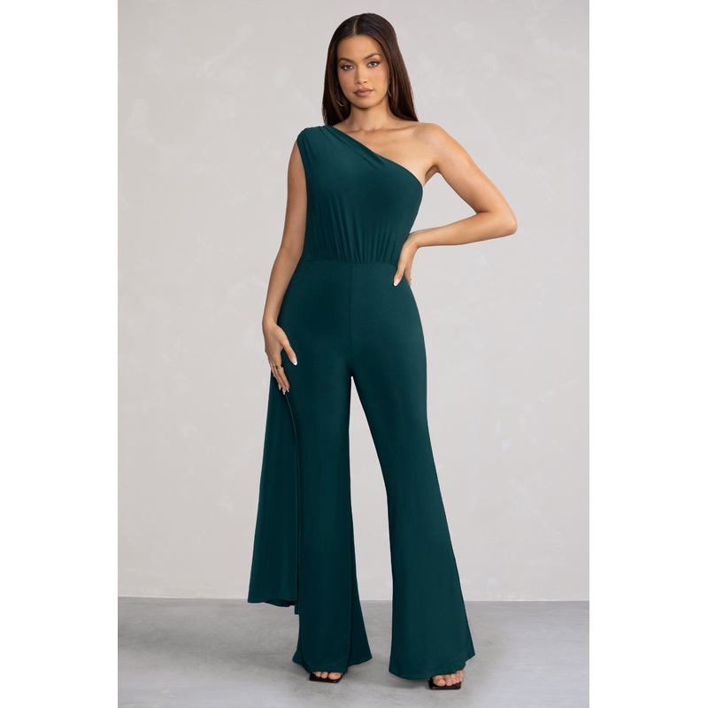 Aurora | Deep Green One Shoulder Cape Sleeve Jumpsuit