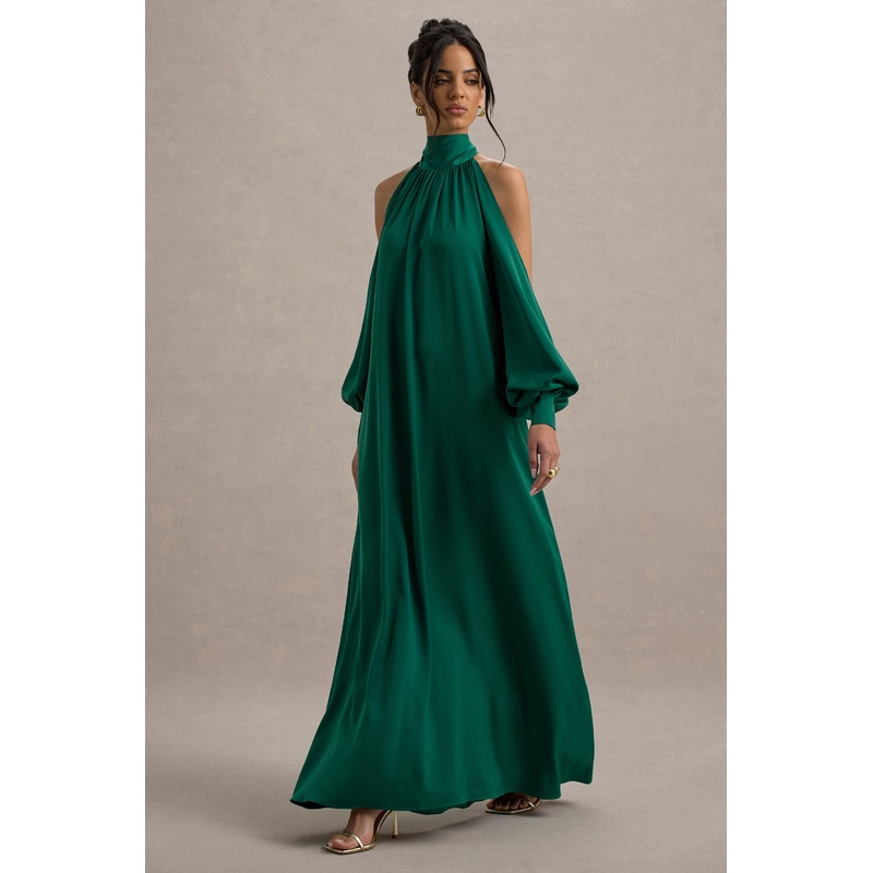 Baila | Bottle Green Satin High-Neck Cape-Sleeve Maxi Dress