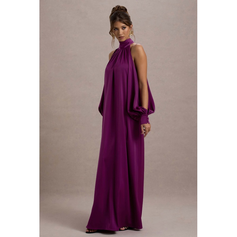 Baila | Mulberry Satin High-Neck Cape-Sleeve Maxi Dress