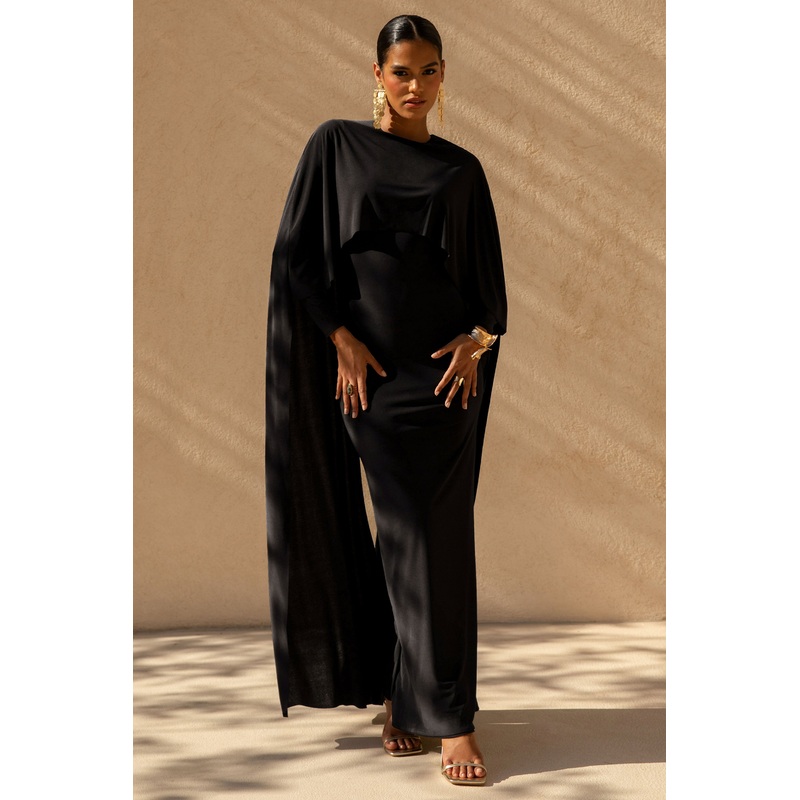 Belinda | Black Draped Maxi Dress With Cape Sleeves