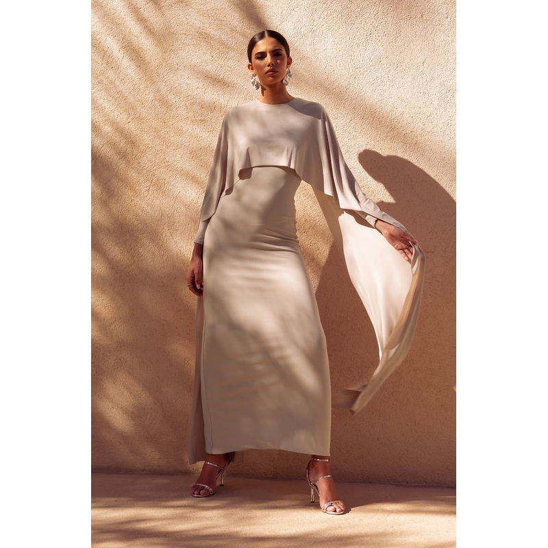 Belinda | Champagne Draped Maxi Dress With Cape Sleeves