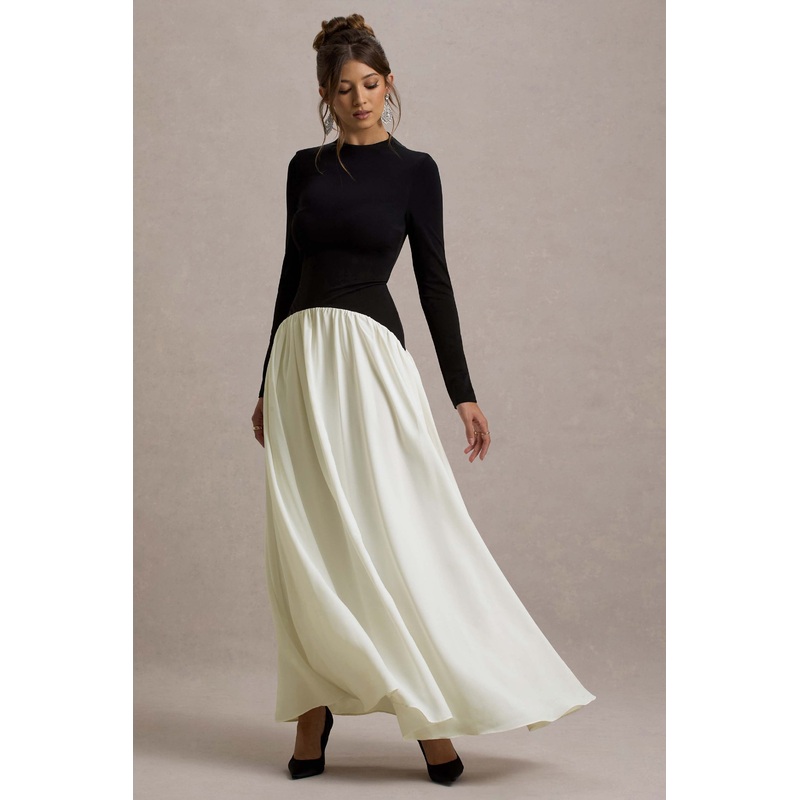 Benedetta | Black & Cream Long-Sleeve Drop-Waist Maxi Dress