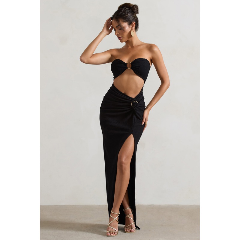 Cancun | Black Crinkle Strapless Cut-Out Maxi Dress With Twist