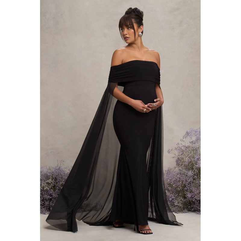 Carlotta | Black Bardot Maternity Maxi Dress With Chiffon Cape