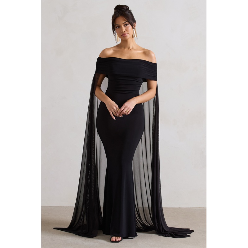 Carlotta | Black Bardot Maxi Dress With Chiffon Cape