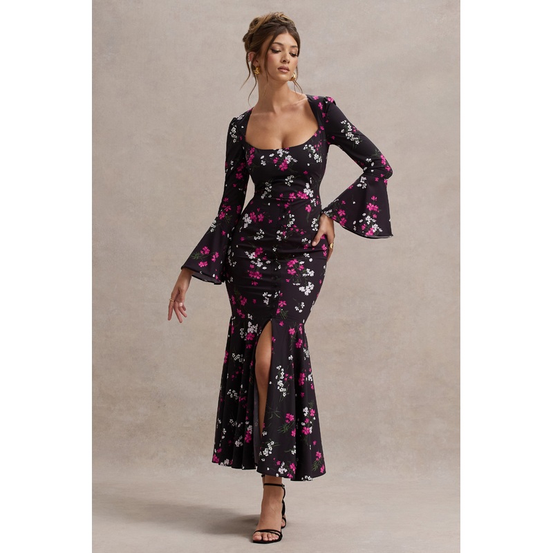 Catalonia | Black Ditsy Floral Print Chiffon Long-Sleeve Split Maxi Dress