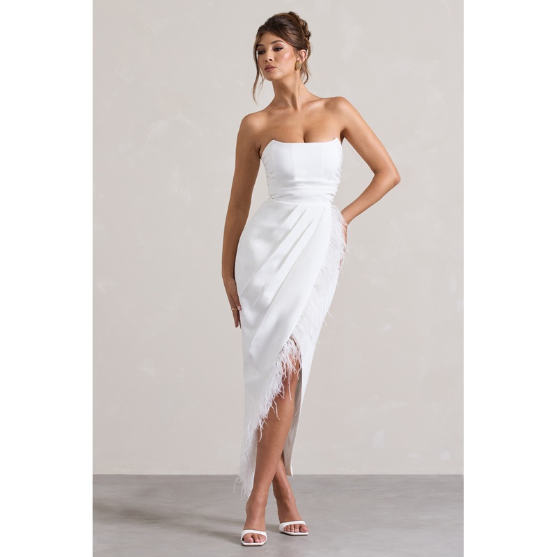 Chosen | White Bandeau Wrap Maxi Dress With Feather Trim