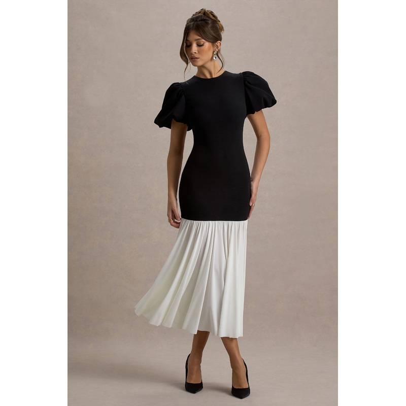 Cinzia | Black & White Puff-Sleeve Volume-Hem Midi Dress