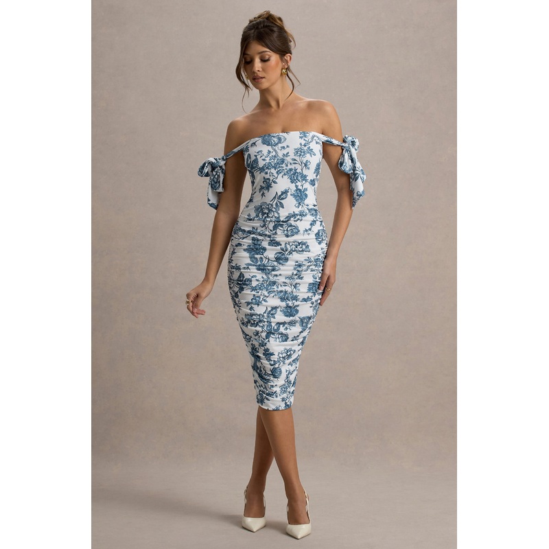 Citrus | Blue Porcelain Print Bardot Bodycon Midi Dress With Bow Sleeves