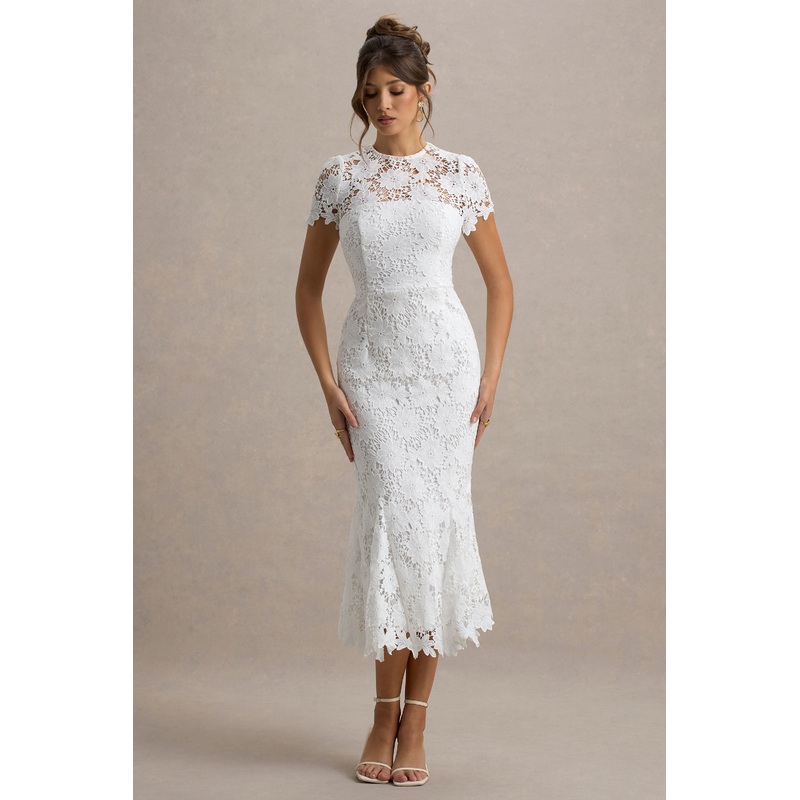 Clarissa | White Lace Short-Sleeve Pleated Midi Dress