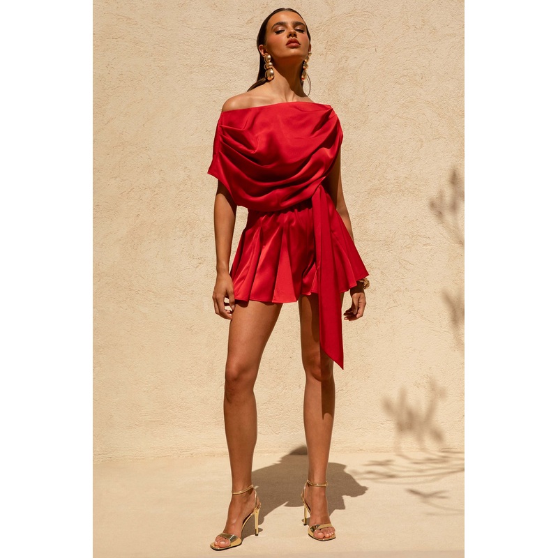 Clydie | Red Satin Asymmetric Playsuit With Tie-Waist