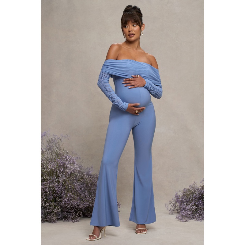 Count Down | Powder Blue Maternity Ruched Mesh Bardot Jumpsuit