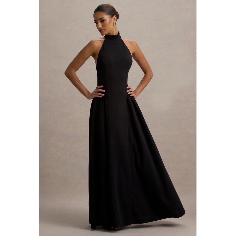 Cynthia | Black High-Neck Maxi Dress With Volume Skirt