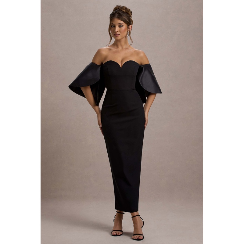 Dalani | Black Corset Maxi Dress With Satin Puff Sleeves