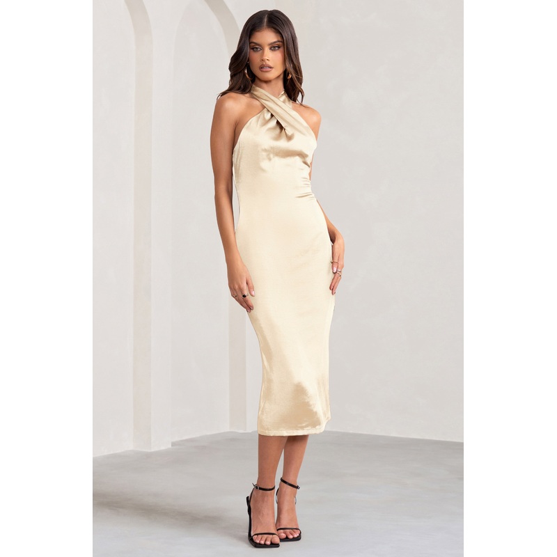Dazzling | Champagne Satin Cross Over Halter Neck Midi Dress