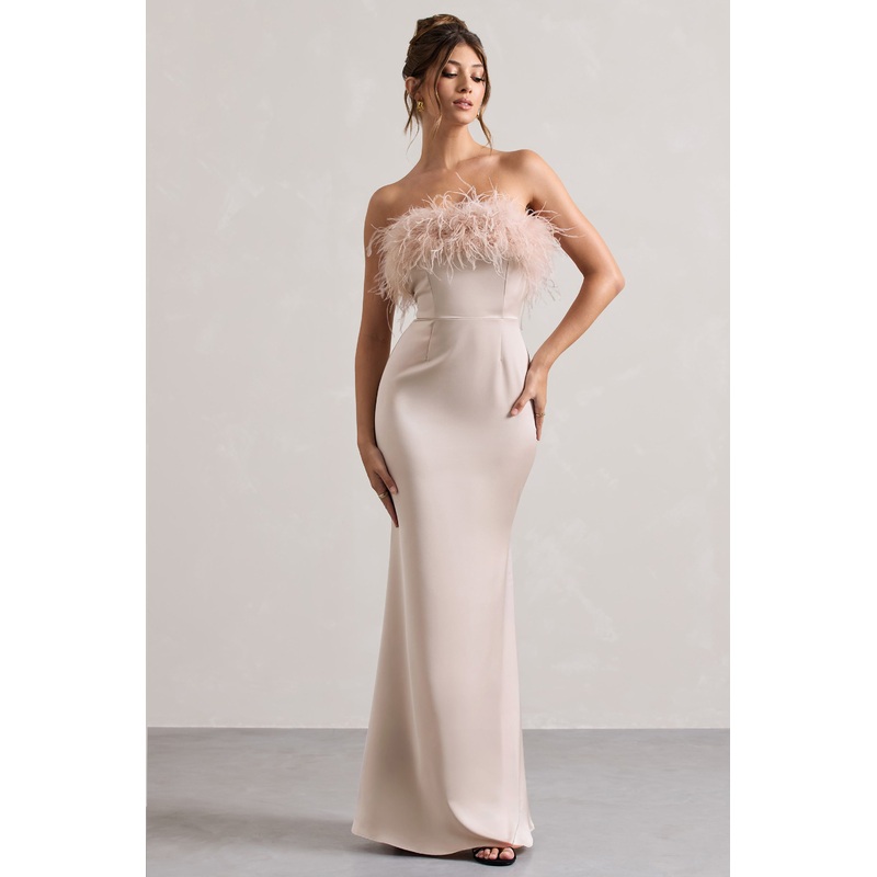 Dress For It | Champagne Satin Feather Trim Bandeau Maxi Dress