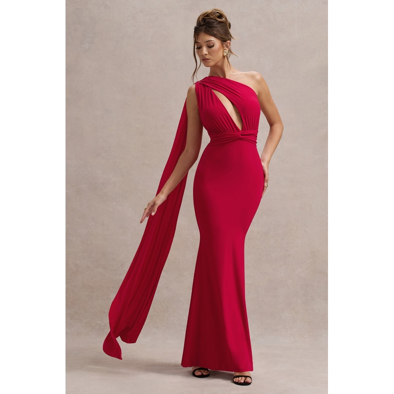 Elaina | Red Asymmetric Knot Maxi Dress With Sash
