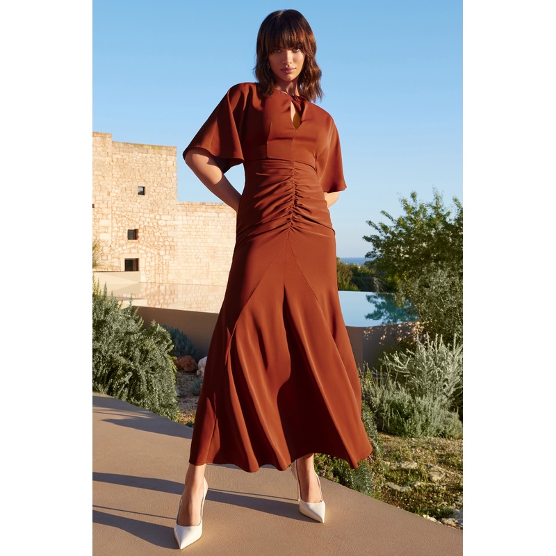 Elidy | Terracotta Ruched Flutter-Sleeve Cut-Out Maxi Dress