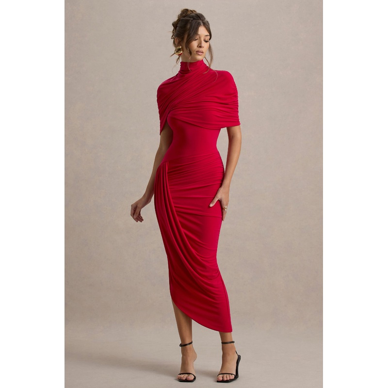Enchant | Red Asymmetric Twisted Cape Maxi Dress
