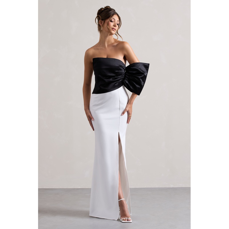 Envision | Black & White Asymmetric One-Sleeve Split Maxi Dress