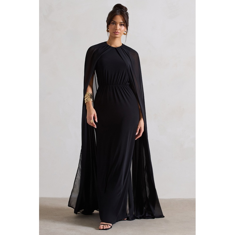 Envy | Black Gathered Maxi Dress With Chiffon Cape
