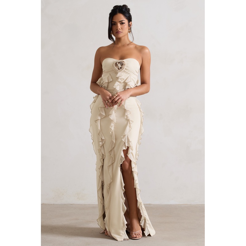 Gardenia | Champagne Strapless Ruffle Maxi Dress With Corsage