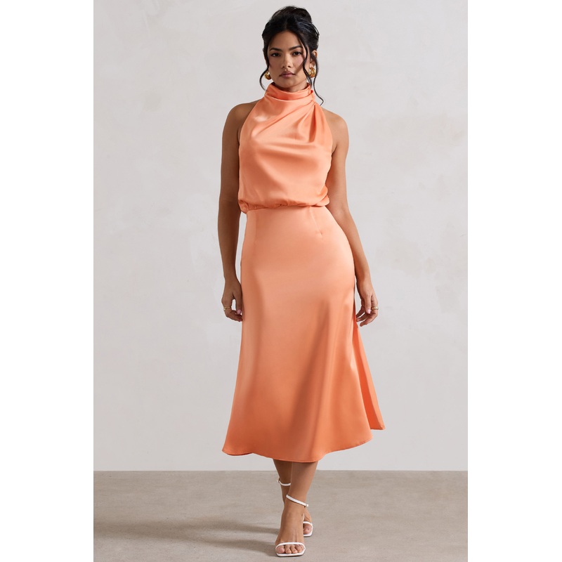 Geena | Peach Satin Twisted High-Neck Midi Dress