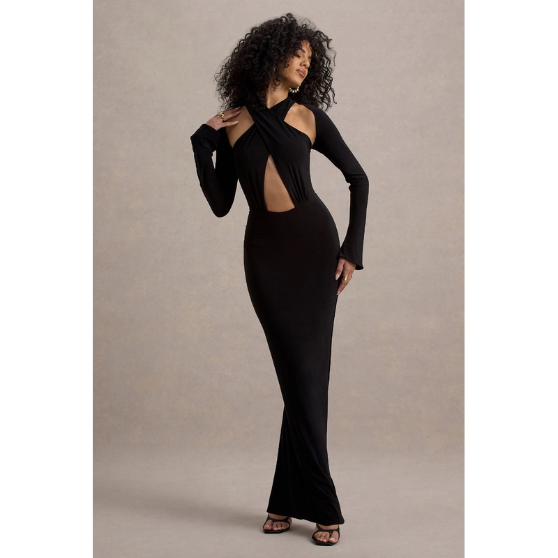 Gita | Black Halter-Neck Long-Sleeve Maxi Dress