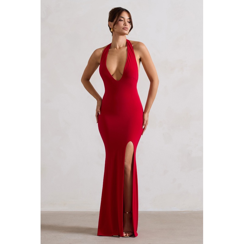 Glamour | Red Backless V Plunge Halter Neck Maxi Dress With Side Split