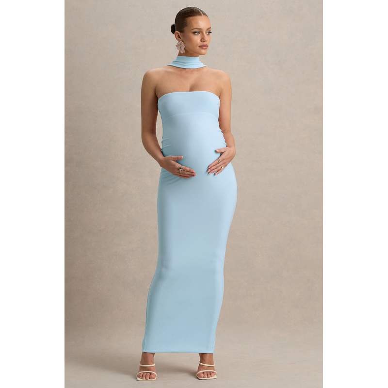 Glaze | Powder Blue High-Neck Maternity Maxi Dress